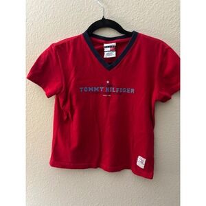 Tommy Hilfiger Authentic Graphic Logo Red V Neck‎ Crop Top (A677)
